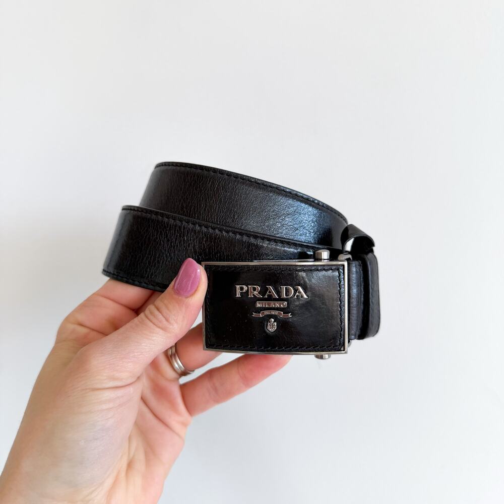 PRADA Saffiano Leather Classic Adjustable Slide Buckle Belt Black 44 - Picture 2 of 11